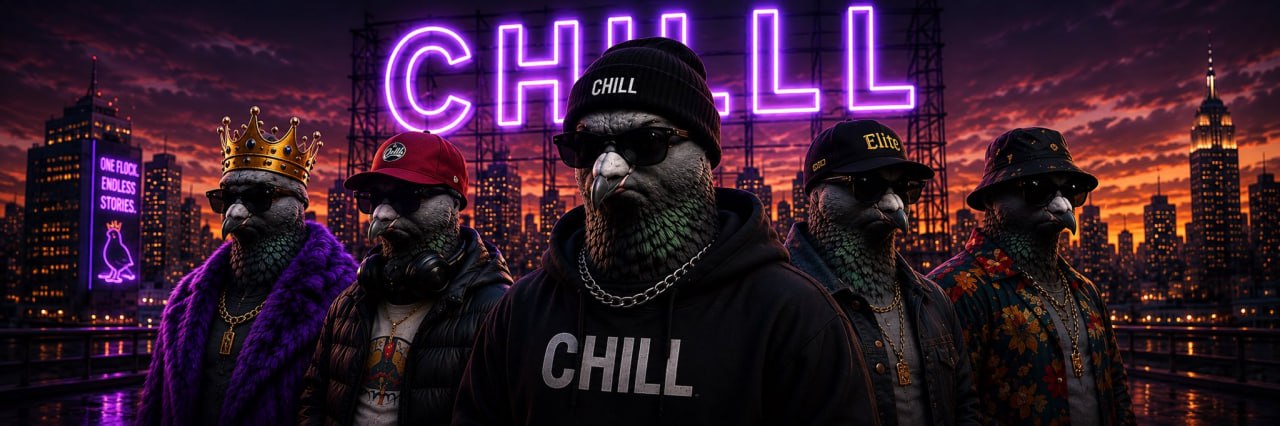 The chill flock under a neon CHILL sign: one bird stands dead-center while the city blurs past