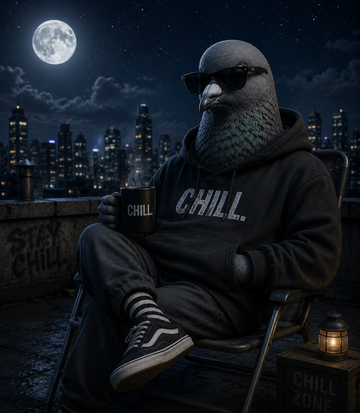 Just A Chill Pigeon #0010 · Night Chill: hooded pigeon on a neon rooftop