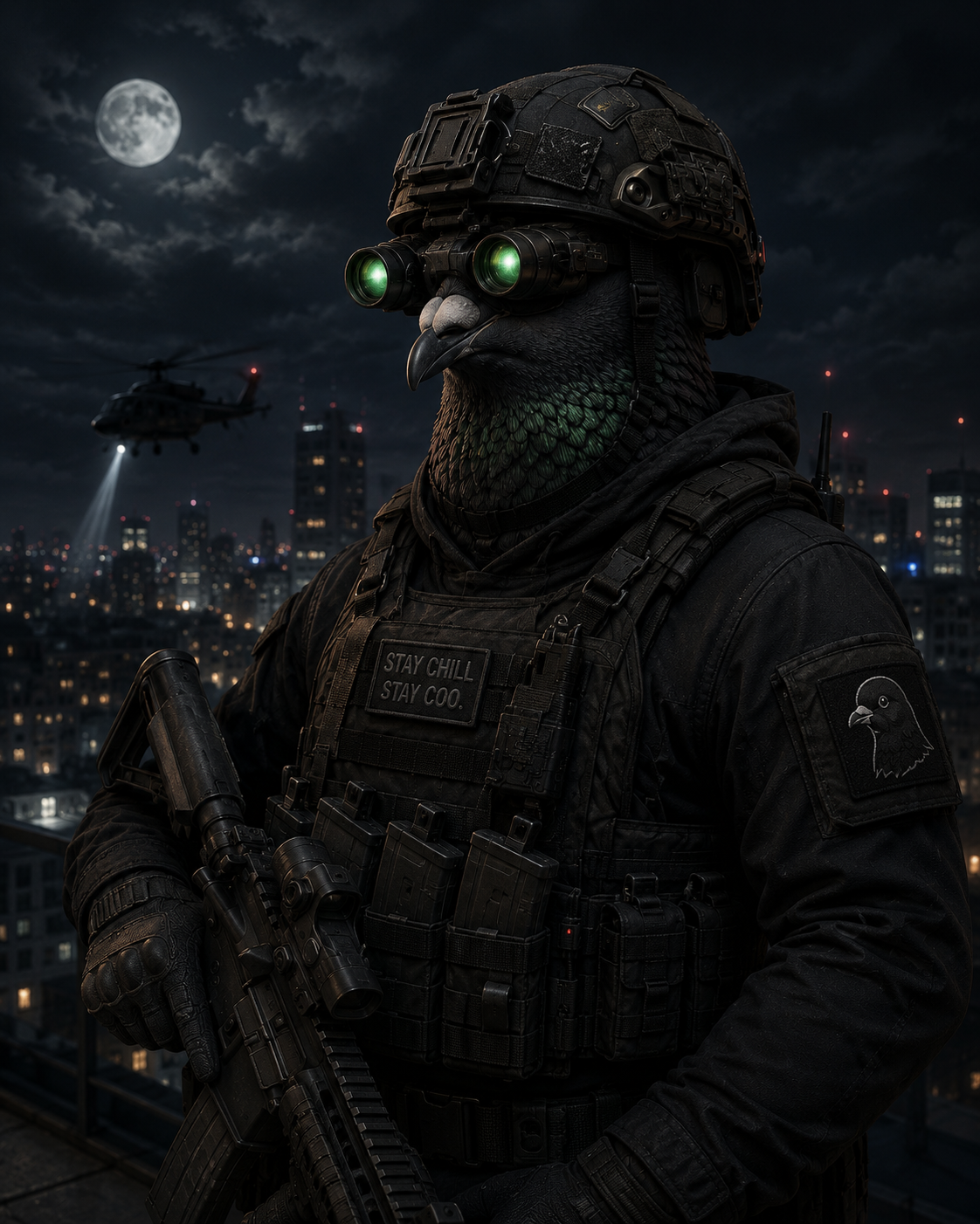 Just A Chill Pigeon #0018 · Night Walker: tactical pigeon on a city street at dusk