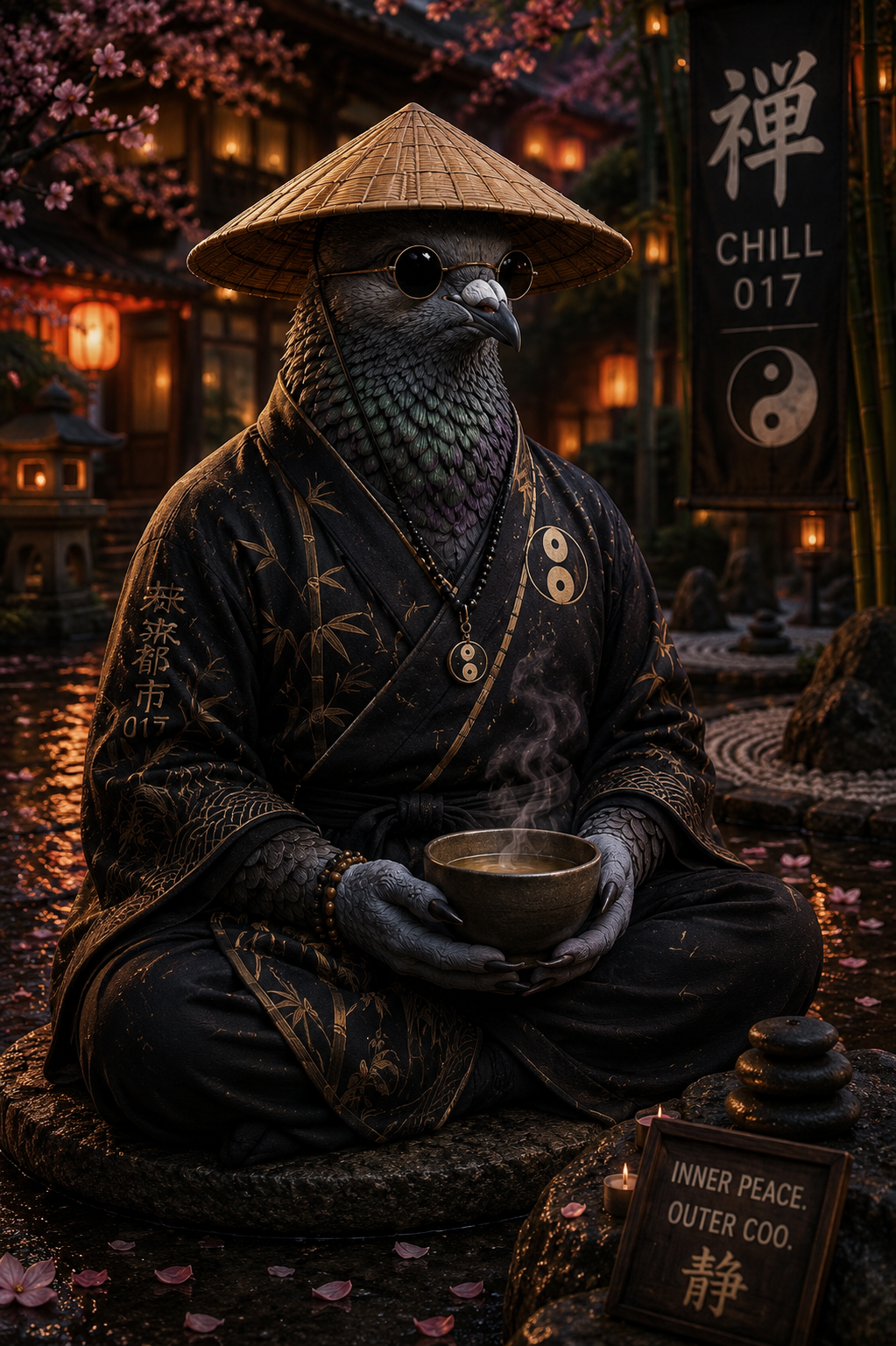Just A Chill Pigeon #0040: a Genesis pigeon under neon city lights